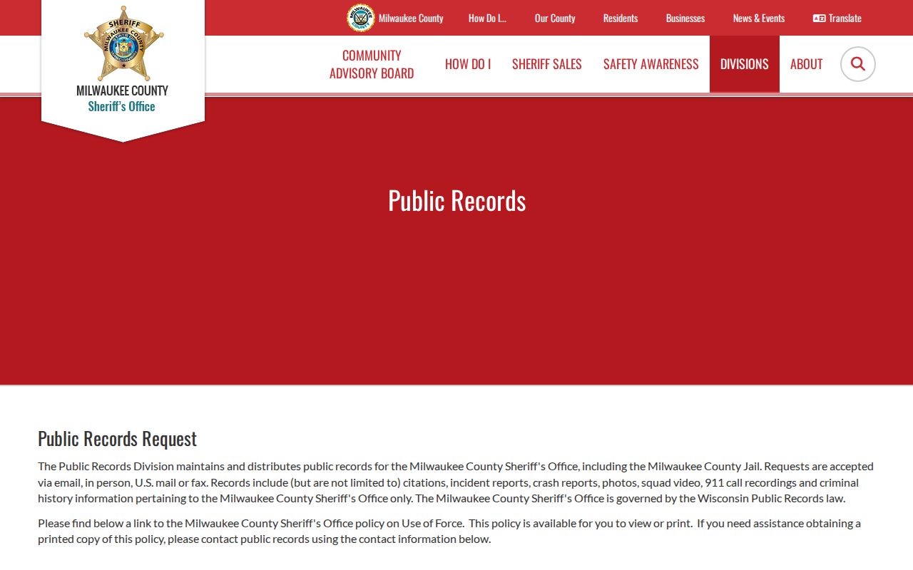 Milwaukee County booking record request information at MCSO Public Records