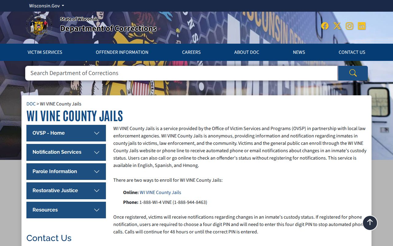 Milwaukee County custody-status record notifications through Wisconsin VINE